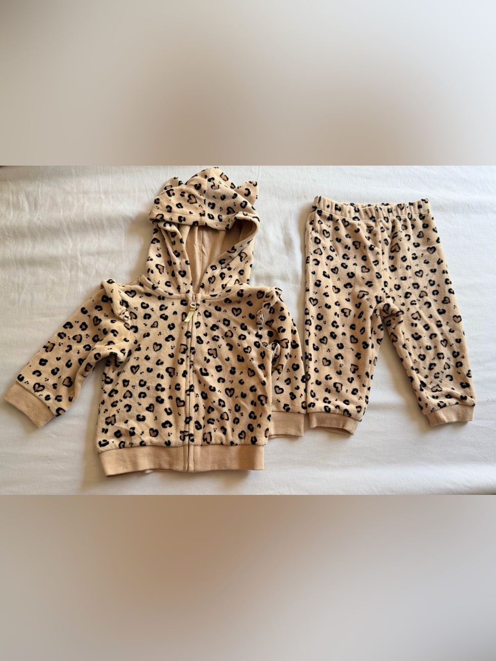 Kids Beige Leopard & Heart Print Hooded Set